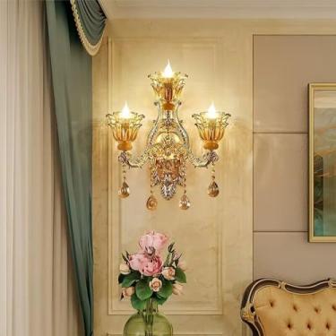 Imagem de Luminária de parede de cristal de luxo europeia, moderna, com LED, para decoração de sala de estar, quarto, escritório, quarto modelo, hotel, casa de campo, corredor (YF 3 luzes, 1 unidade)