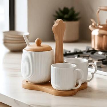 Imagem de Xícaras de Cafe Açucareiro Oasis Suporte Cerâmica Bambu 90ml 2unid