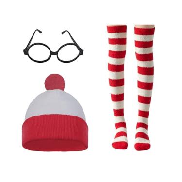 Imagem de Sheliky 3 peças acessório de fantasia de Natal adulto vermelho branco listrado meias de tricô gorro chapéu e óculos para mulheres, conjunto de festa cosplay (conjunto A)