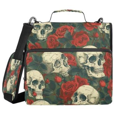 Imagem de SEHANY Fichário com zíper de caveira e flor com alça de ombro, capacidade para 500 folhas, vários bolsos, 3,8 cm, fichário com zíper com 3 anéis