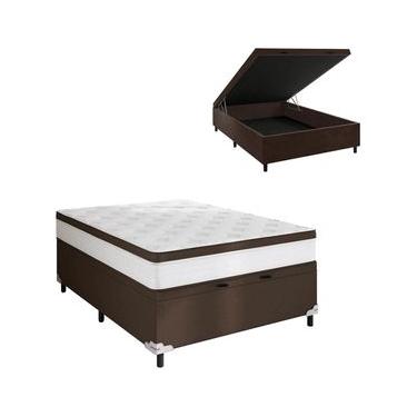Imagem de Cama Box de Casal Portobel Noah Baú 70x138x188cm Molas Ensacadas Ortopédico Revestimento em Poliéster Branco e Marrom