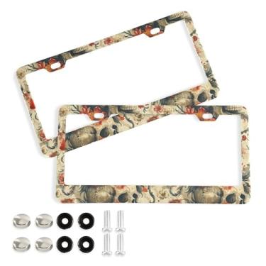 Imagem de SEHANY Molduras de placa de carro vintage rosa crânio, capas de alumínio à prova de ferrugem com furos elípticos e parafusos serve para veículos padrão dos EUA tamanho acessórios de carro para