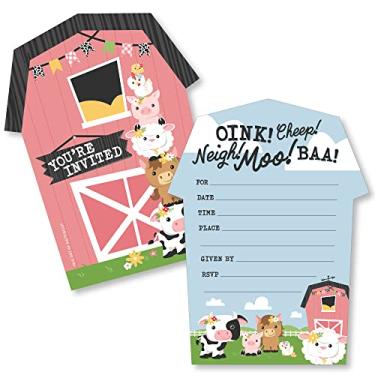 Imagem de Big Dot of Happiness Convites de preenchimento em forma de animais da fazenda para meninas - cartões de convite para chá de bebê ou festa de aniversário rosa com envelopes - Conjunto de 12