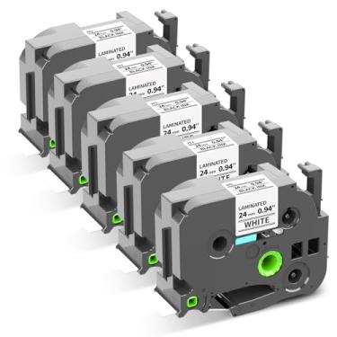 Imagem de Pacote com 5 fitas adesivas brancas laminadas 0,94 de 24 mm para TZe-251 Brother Label Maker, TZe Preto sobre Branco Compatível com Brother Label Maker P Touch PT-D210 PT-H110 PT-D220 PT-D400