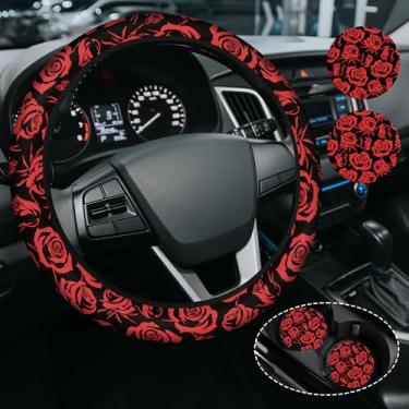 Imagem de Capa de volante de flor de rosa vermelha para mulheres e homens, antiderrapante de neoprene de alta elasticidade, acessórios de carro, capas de volante, universal de 38 cm para carros, SUVS, inclui 2