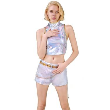 Imagem de BAEHEU Fantasia de cosplay, camisa branca, gola alta, short curto, cinto dourado, roupa de Halloween, Branco, M