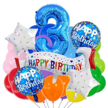 Imagem de Conjunto de artigos azuis para terceiros, conjunto de decoração de 3 anos azul, balão colorido de feliz aniversário de 3 anos para meninas, meninos, crianças, adultos, artigos de festa, decoração de