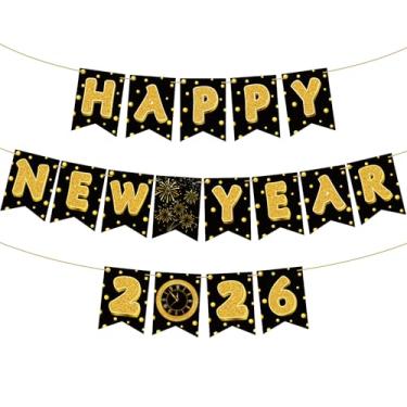 Imagem de TaoBary Banner Feliz Ano Novo 2026 Eva Festa Suprimentos Glitter Ouro Letras Pano de Fundo Sinal Relógio Decorações de Fogos de Artifício para Decoração de Véspera de Ano Novo (Bolinhas)
