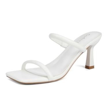 Imagem de Goderci Salto gatinho feminino com duas tiras mules meio quadrado aberto sandália de salto sem cadarço, Branco, 35