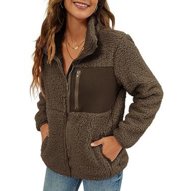 Imagem de VVK Casaco feminino fashion falso shaggy com zíper completo, jaqueta de patchwork de inverno quente com bolso, Marrom, G