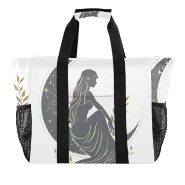 Imagem de ODAWA Bolsas femininas de praia para academia estética - bolsa de mão dobrável de lona portátil linda mulher sentada na lua, Linda mulher sentada na lua, One Size