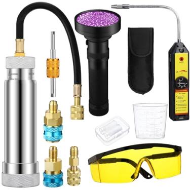 Imagem de Tellegloww Kit detector de vazamento AC, R1234yf R134a R410a Kit injetor de tinta UV de óleo AC Ferramenta de detecção de vazamento de refrigerante acoplador rápido lateral baixo mini adaptador