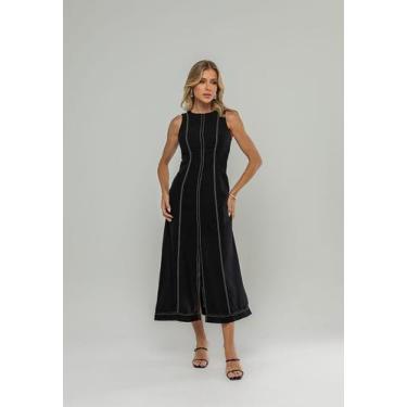 Imagem de Vestido Midi Com Fenda Frontal E Costura Contrastante Preto Salvatore,