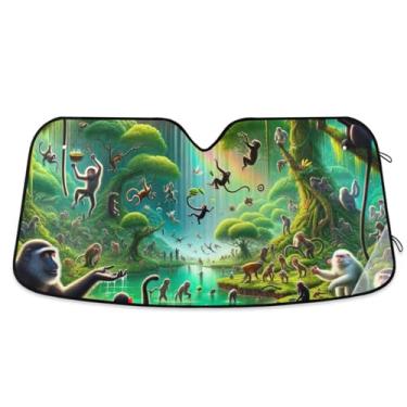 Imagem de Para-brisa de carro Protetor solar macaco mundo verde 137 cm x 27 cm bloqueia os raios UV e mantém o veículo fresco