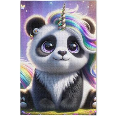 Imagem de Quebra-cabeça fofo de unicórnio panda adulto 500 peças presentes engraçados de tecnologia de jogo quebra-cabeças rígidos para adultos pintura de arte floral personalizada, 52 cm x 37,8 cm