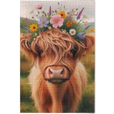 Imagem de Quebra-cabeças de vaca Highland com estampa floral de bezerro personalizado 1000 peças para adultos, elefante branco, natureza, brinquedo familiar, arte, 75 x 50 cm