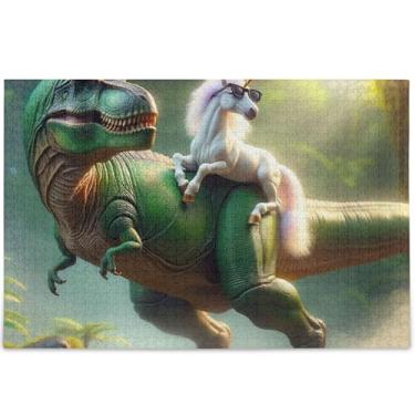Imagem de Quebra-cabeça de unicórnio de dinossauro engraçado personalizado para adultos 1000 peças cenário arte animal decoração cena natureza quebra-cabeça elefantes brancos presentes quebra-cabeça, 75 cm x 50