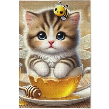 Imagem de Quebra-cabeça fofo de gato e abelha 500 peças para adultos presentes de elefante branco cenas engraçadas quebra-cabeças coloridos pintura de arte floral personalizada, 52 cm x 37,8 cm