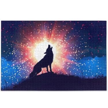 Imagem de Quebra-cabeça de lobo uivando lua 1000 peças adultos jogo de quebra-cabeça presentes tecnológicos família primordial impressão animal arte decoração, 75 cm x 50 cm