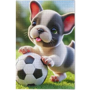 Imagem de Quebra-cabeça fofo buldogue cachorrinho futebol adultos 1000 peças cenário animal arte decoração arte quebra-cabeça rígido personalizado engraçado jogo presentes, 75 cm x 50 cm