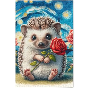 Imagem de Quebra-cabeça de flor de ouriço de noite estrelada 500 peças para amigos adultos presentes de jogo de família personalizado divertido quebra-cabeça de arte animal, 52 cm x 37,8 cm