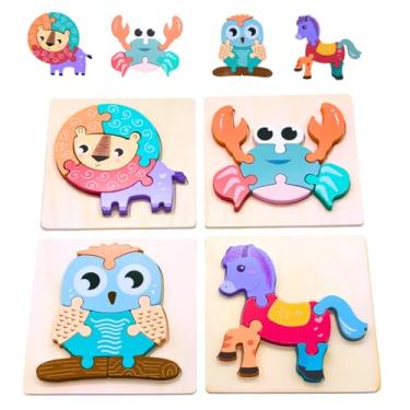 Imagem de Conjunto 4 Quebra-Cabeça 3D em Madeira para Bebês 1+ – Encaixe de Formas e Cores – Estimula Coordenação Motora, Lógica, Brinquedo Educativo (Animais 1)