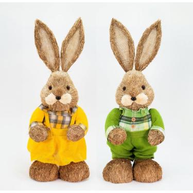 Imagem de Casal De Coelhos Páscoa Enfeite de Palha Coelhinhos Coloridos 60cm