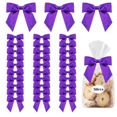 Imagem de TONIFUL 50 peças de laços de fita de cetim roxo, laços torcidos de 11,4 cm para embrulhar presentes, bolos, artesanato, garrafas, árvore de Natal, casamento, chá de bebê, decoração de festa de