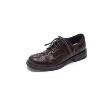 Imagem de TinaCus Sapato feminino de salto Oxford feito à mão bico redondo com cadarço na ponta das asas, Marrom, 36