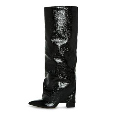 Imagem de Modatope Botas de cano alto femininas dobráveis até o joelho botas de salto alto grosso botas longas com zíper bico fino vestido botas altas para mulheres, Crocodilo - preto, 7.5