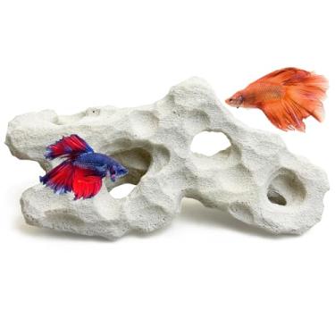 Imagem de Apatal Esconderijo de peixes Betta de cerâmica pequena caverna de aquário decoração realista Betta habitat abrigo para ciclídeos lagostim camarão escondido descanso (13 cm x 7 cm x 11 cm)