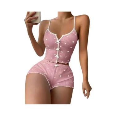 Imagem de Conjunto De Pijamas De Seda Sexy Feminino Com Estampa De Coração, Top 