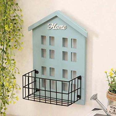 Imagem de HHHJQFAAT Prateleiras flutuantes, prateleiras de parede, expositores, organizador de armazenamento, tábua de madeira e cesta de ferro para exibição de armazenamento de quarto (azul)