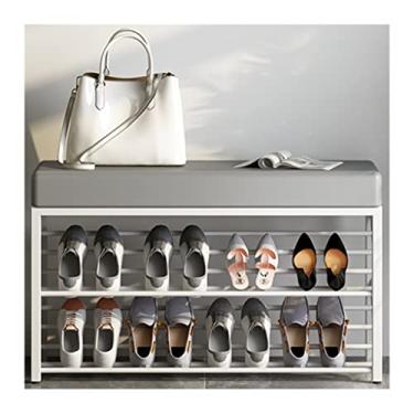 Imagem de Organizador de sapatos para entrada banco de sapatos de metal de 2 níveis com assento acolchoado banco de entrada de armazenamento com prateleiras de malha moldura de metal para banheiro de entrada