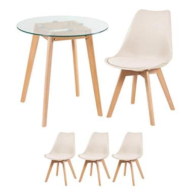 Imagem de Loft7, Mesa redonda com tampo de vidro 70 cm + 3 cadeiras Leda Creme