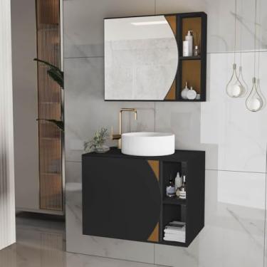 Imagem de Gabinete de Banheiro em MDF – Com Espelheira e Cuba, Armário Resistente à Umidade para Higiene e Cosméticos Doméstico (Preto)