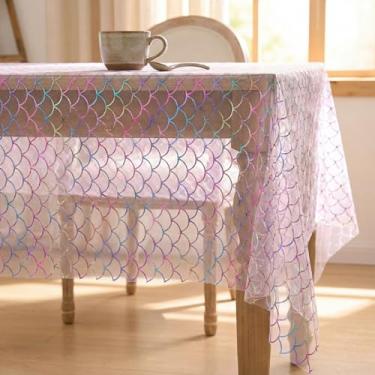 Imagem de Horaldaily Toalha de mesa de gaze de sereia colorida rosa 152 x 351 cm, retangular, com glitter colorido, folha metálica de malha fina, gaze de tule de chiffon transparente para festa de casamento e