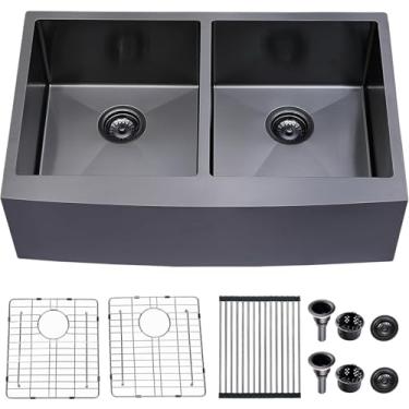 Imagem de SHACO Tigela dupla preta de 83 cm dividida 50/50 pia de fazenda, 33 x 21 avental de aço inoxidável preto com montagem inferior frontal para pia de cozinha