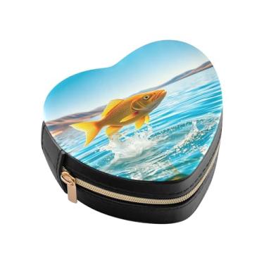 Imagem de Burbuja Caixa de joias em forma de coração de peixinho dourado saltando da água, mini estojo de joias de viagem para mulheres e meninas, organizador portátil de armazenamento para brincos, anéis