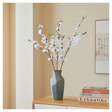 Imagem de Riymusry 3 ramos artificiais de flor de cerejeira caules de flores de pêssego falso com folhas verdes, buquê de plantas falsas para vaso para casa, primavera, casamento, jardim, festa, centro de mesa