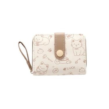 Imagem de Carteira feminina pequena e fofa padrão de gato com zíper para porta-cartões de crédito para dinheiro e moedas, Marrom, Bonito