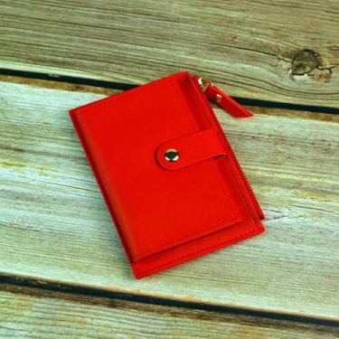 Imagem de Carteira feminina fina com bolso com zíper – 6 compartimentos para cartão, bolsa de poliuretano leve, 55 g, 13,5 x 9,5 cm (cinza, azul, preto, rosa, vermelho, roxo, cáqui, sálvia), Vermelho, Clássico
