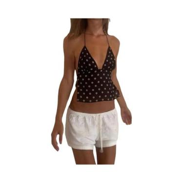 Imagem de Camisetas Femininas Slim Fit Com Gola Halter, Sem Mangas, Com Estampa 