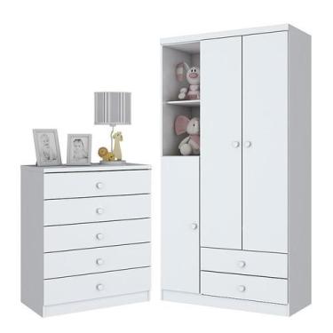 Imagem de Jogo de Quarto Infantil Bala de Menta com Guarda Roupa e Cômoda Branco