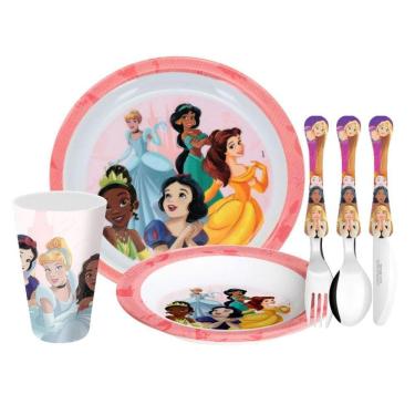 Imagem de Kit Refeição Infantil Princesas Disney 6 Peças Prato, Tigela, Copo E Talheres - Tuut