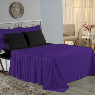 Imagem de Jogo De Cama Queen Nobre 4 Peças Lençol Com Elástico De 30cm De Altura Malha 100% Algodão - Roxo / Preto