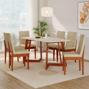 Imagem de Conjunto Sala de Jantar Califórnia 6 Lugares Retangular Madeira Maciça Dakota Caramelo/Palha/Off White