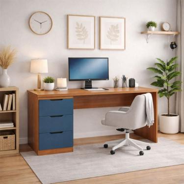 Imagem de Mesa para Escritório Madri 3 Gavetas Azul/Freijó - Politorno