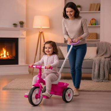 Imagem de Triciclo Rosa Infantil com Empurrador e Cinto de Segurança para Menina