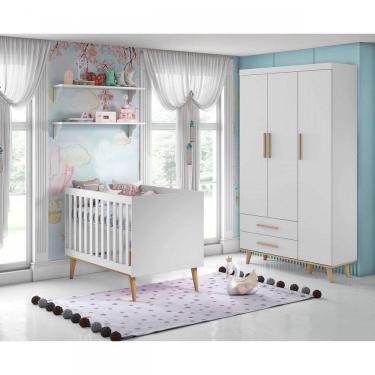 Imagem de Quarto de Bebê com Guarda Roupa 3 Portas 2 Gavetas e Berço Ludmila Carolina Baby Branco/Bétula